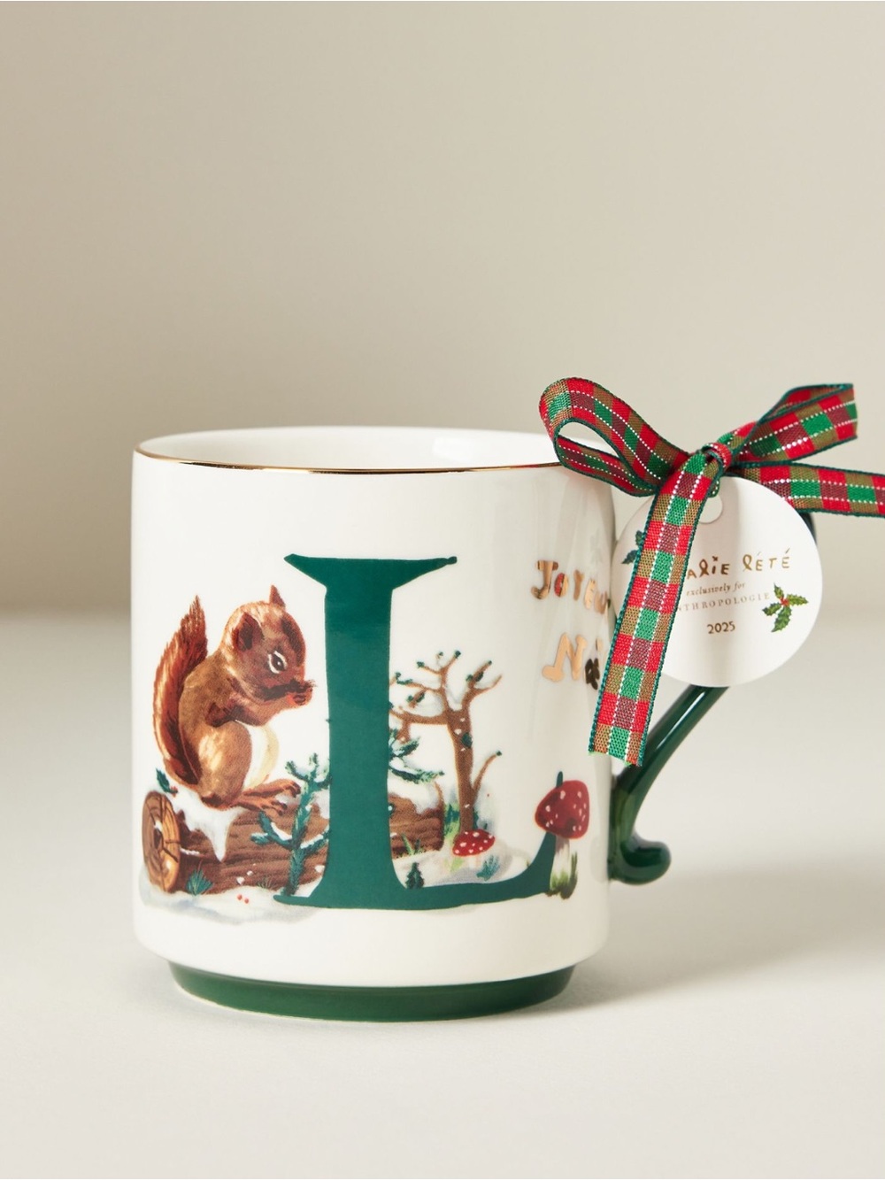 Anthropologie Holiday Monogram Mug Inital Letter L Cup Nathalie Lete Squirrel